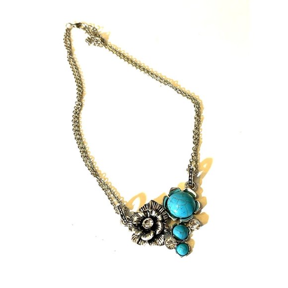 Silver Tone Western Rose Faux Turquoise Adjustable Statement Necklace Jewelry - Picture 4 of 11